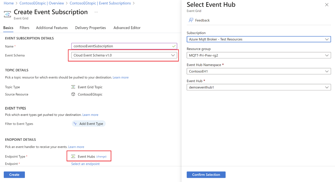 Screenshot that shows the event subscription creation flow and configuration.