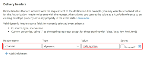 Screenshot that shows the Delivery Properties tab of the Create Event Subscription page with an example dynamic header.