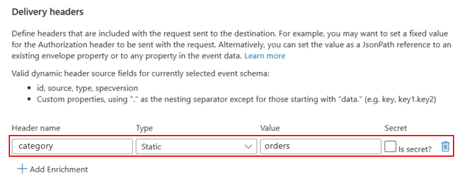 Screenshot that shows the Delivery Properties tab of the Create Event Subscription page with an example static header.