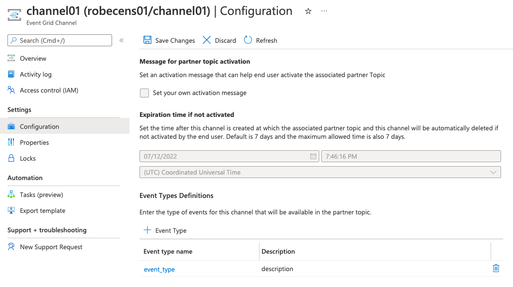 Screenshot that shows the Configuration page of a channel.