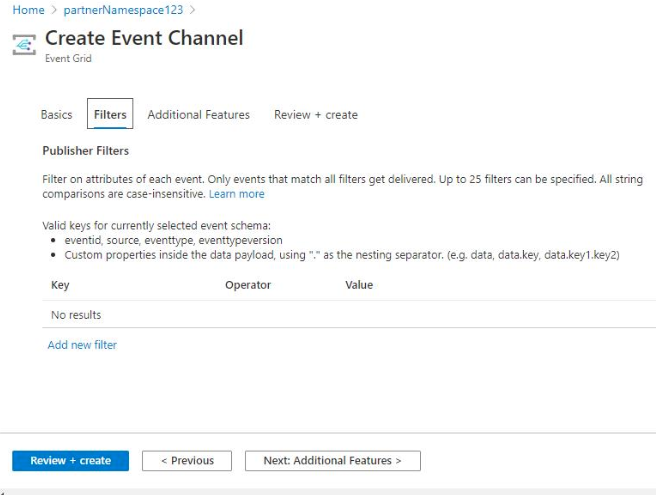 Create event channel - filters page