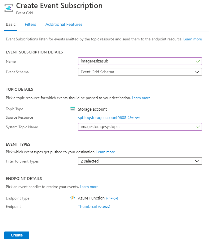 Create event subscription from the function in the Azure portal