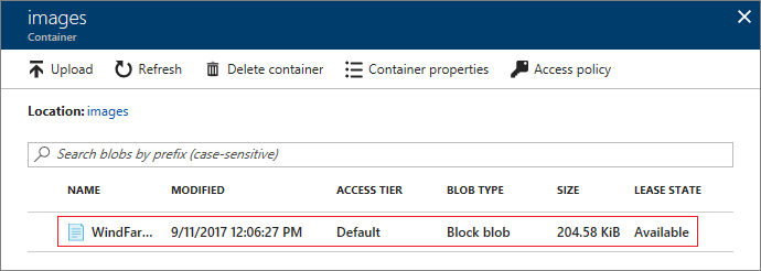 Screenshot of the Container page showing the list of uploaded images.