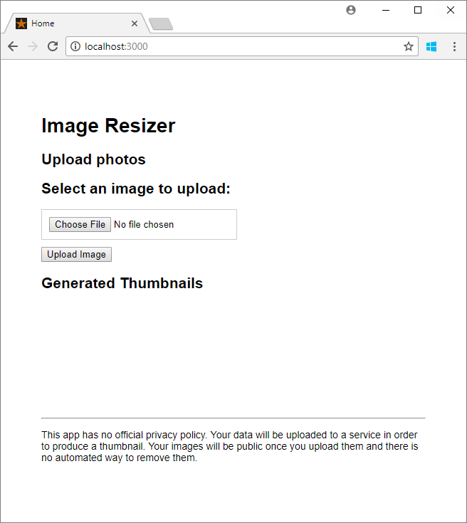 Screenshot of the page to upload photos in the Image Resizer JavaScript app.