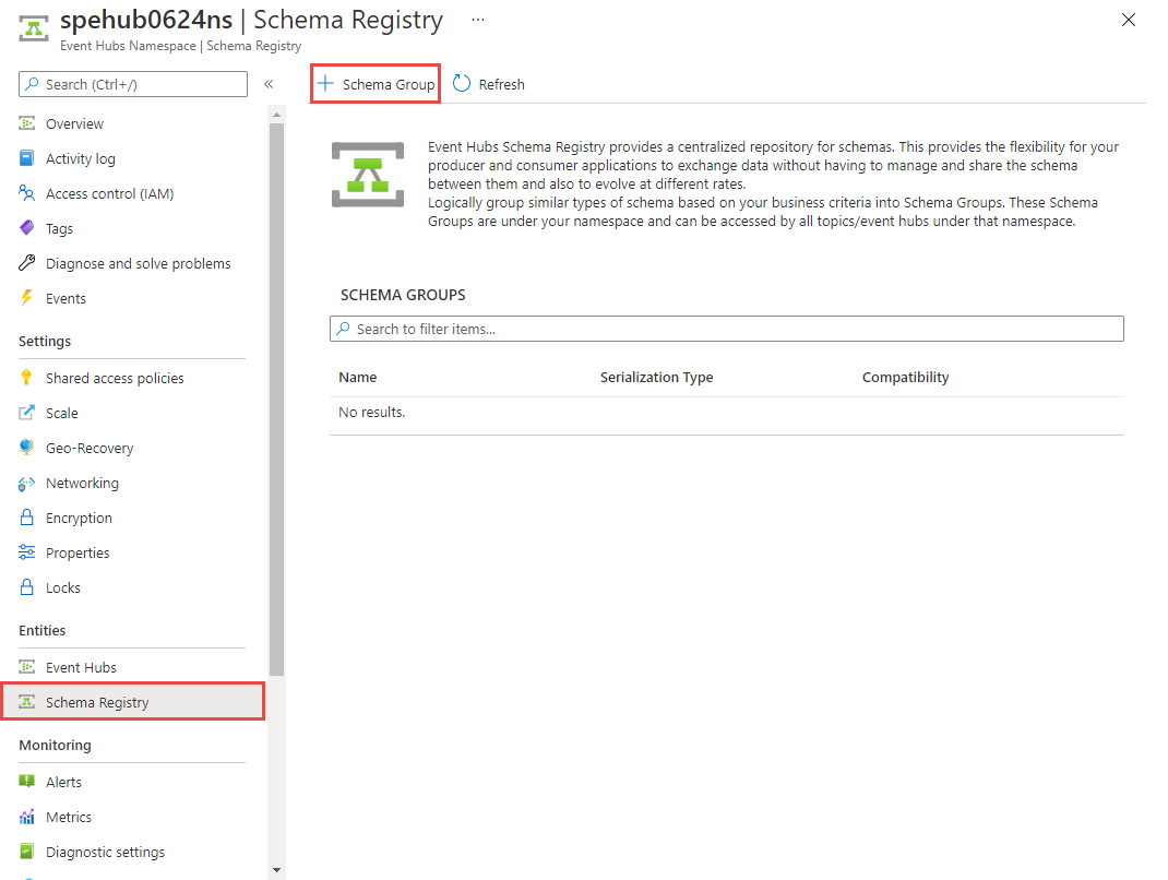 Image showing the Schema Registry page in the Azure portal