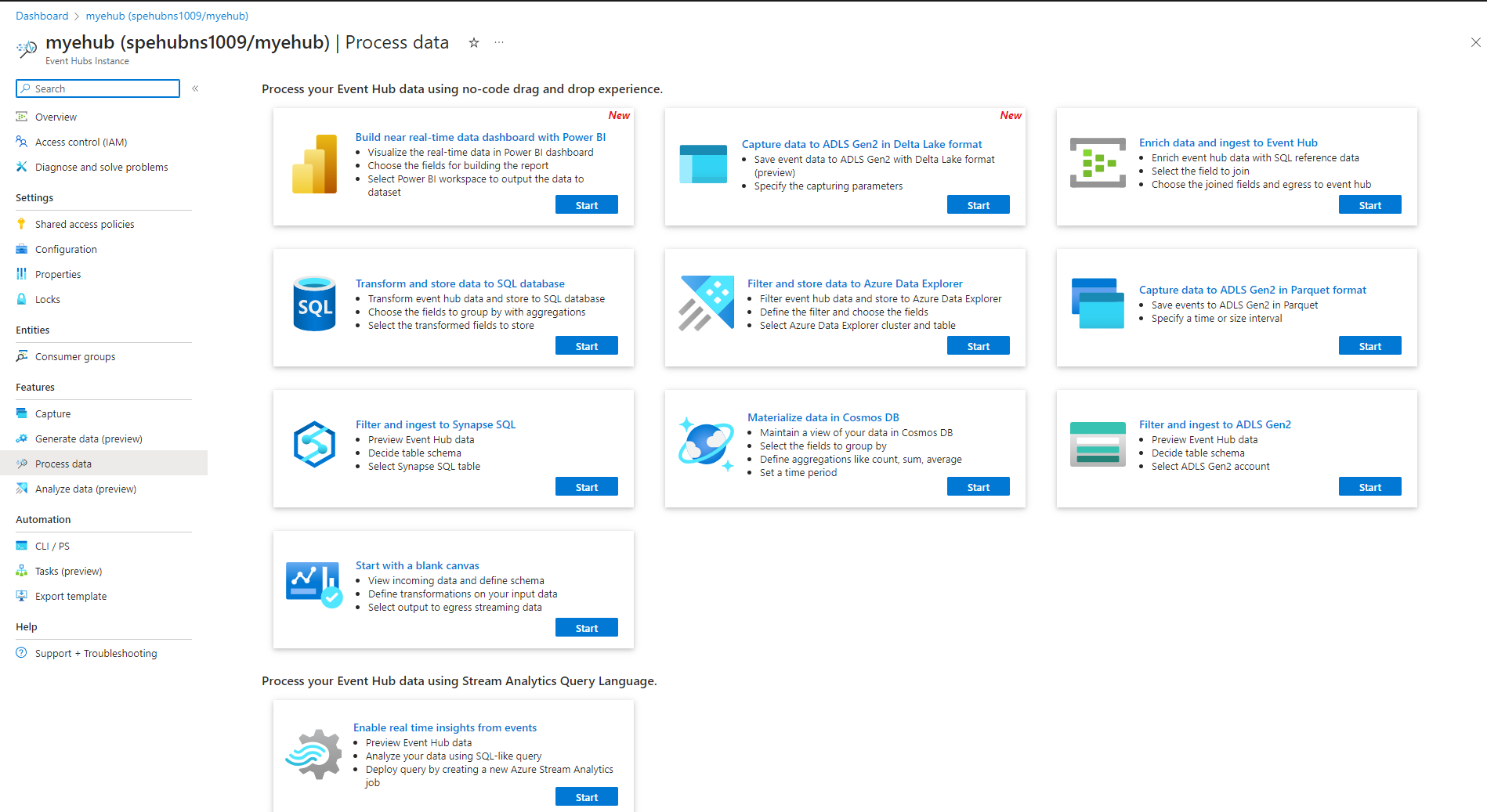 Screenshot showing the Process data page with Enable real time insights from events tile selected.