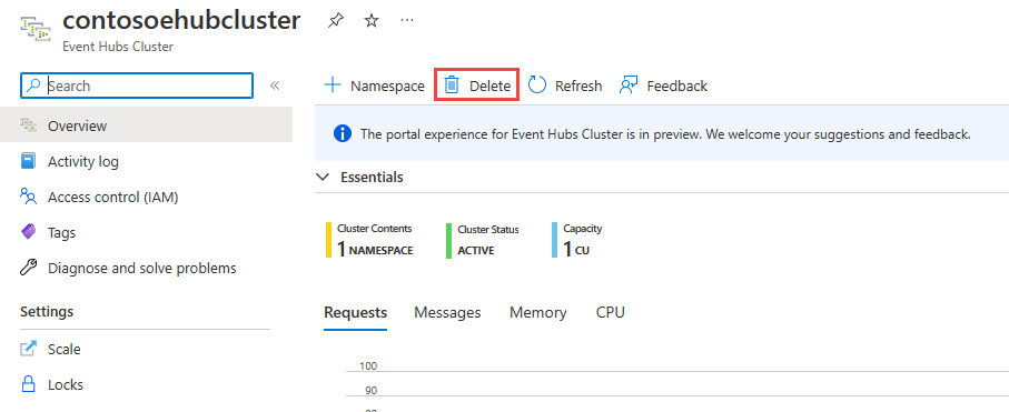 Screenshot showing the Delete button on the Event Hubs Cluster page.