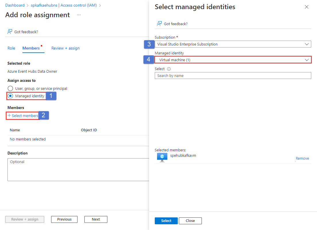 Screenshot showing the Add role assignment -> Select managed identities page.