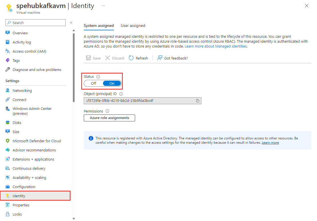 Screenshot of the Identity tab of a virtual machine page in the Azure portal.