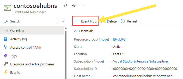 Screenshot of the selection of Add event hub button on the command bar.