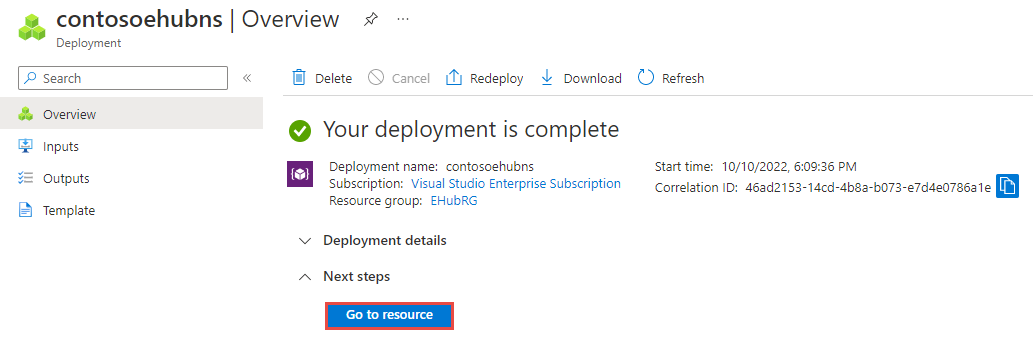 Screenshot of the Deployment complete page with the link to resource.