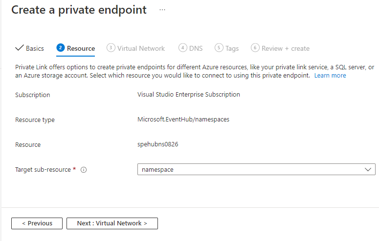 Screenshot showing the Resource page of the Create private endpoint wizard.