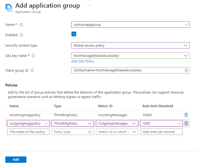 Screenshot of the Add application group page with two policies.
