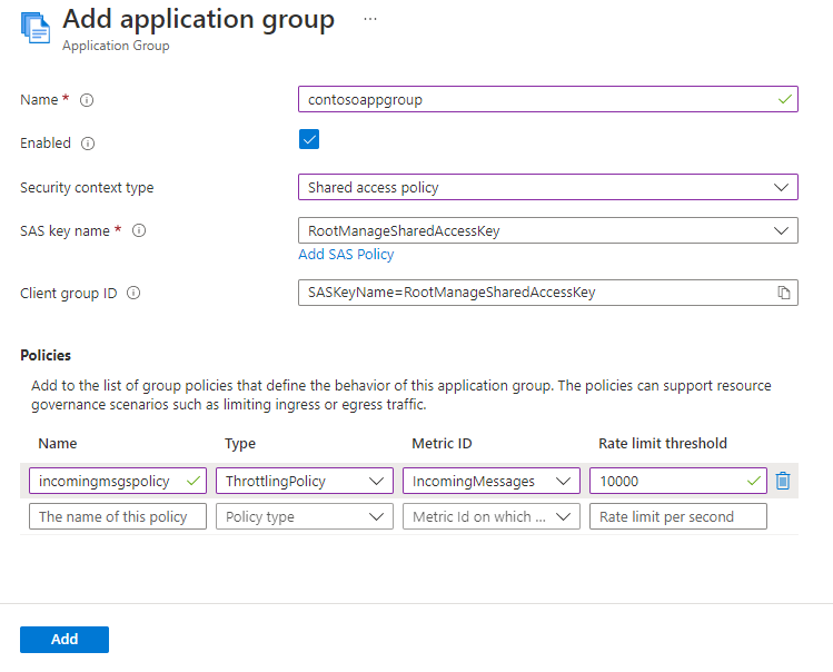 Screenshot of the Add application group page with a policy for incoming messages.