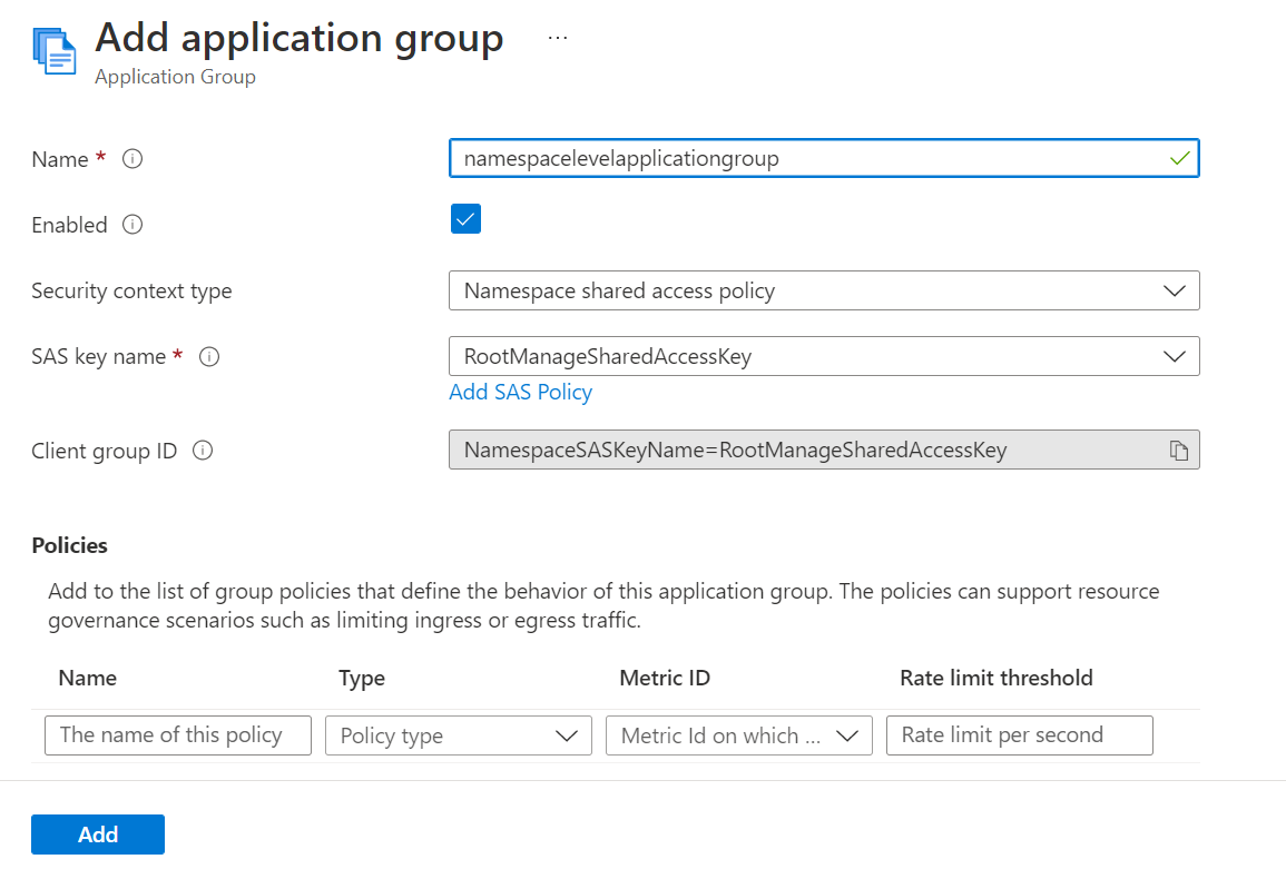 Screenshot of the Add application group page with Namespace Shared access policy option selected.