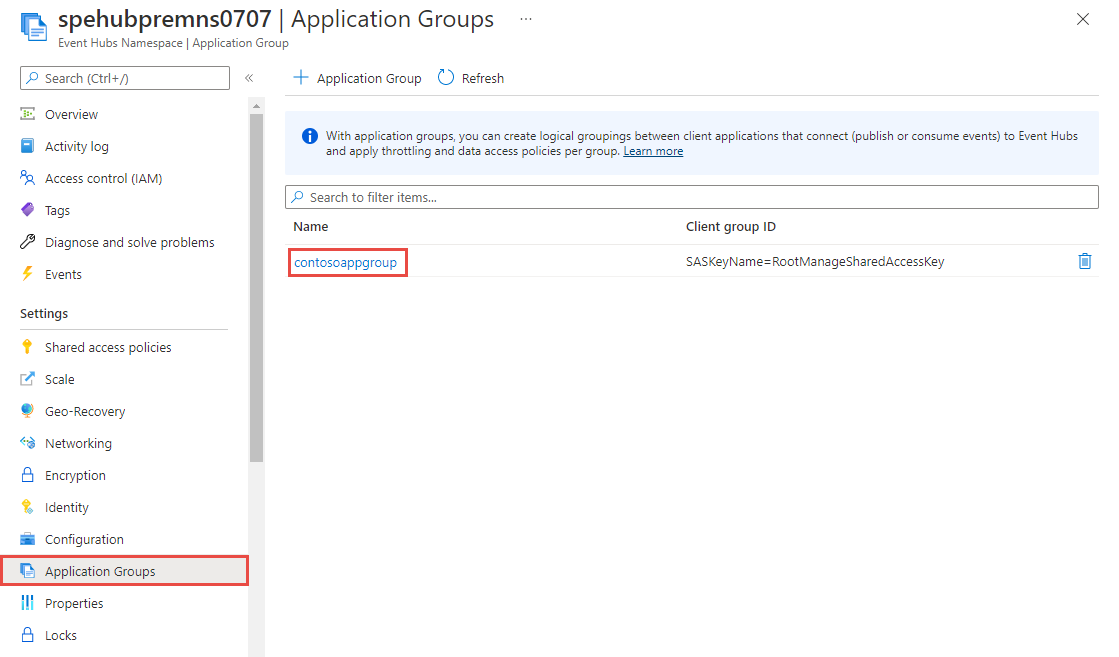 Screenshot showing the Application Groups page with an application group selected.