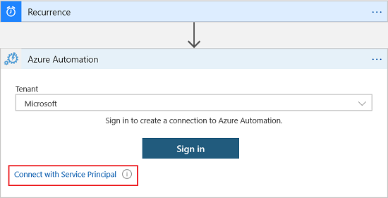 Screenshot that shows the 'Recurrence' section with the 'Connect with Service Principal' action highlighted.