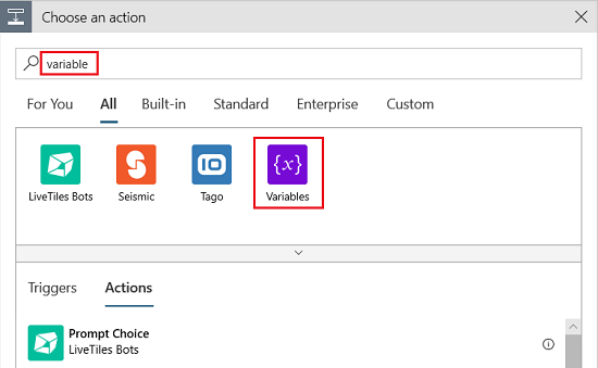 Screenshot shows the Choose an action dialog box with variable in the search box and Variables selected.