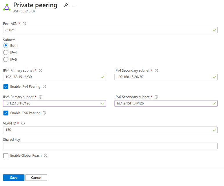 Screenshot of adding Ipv6 on private peering page.