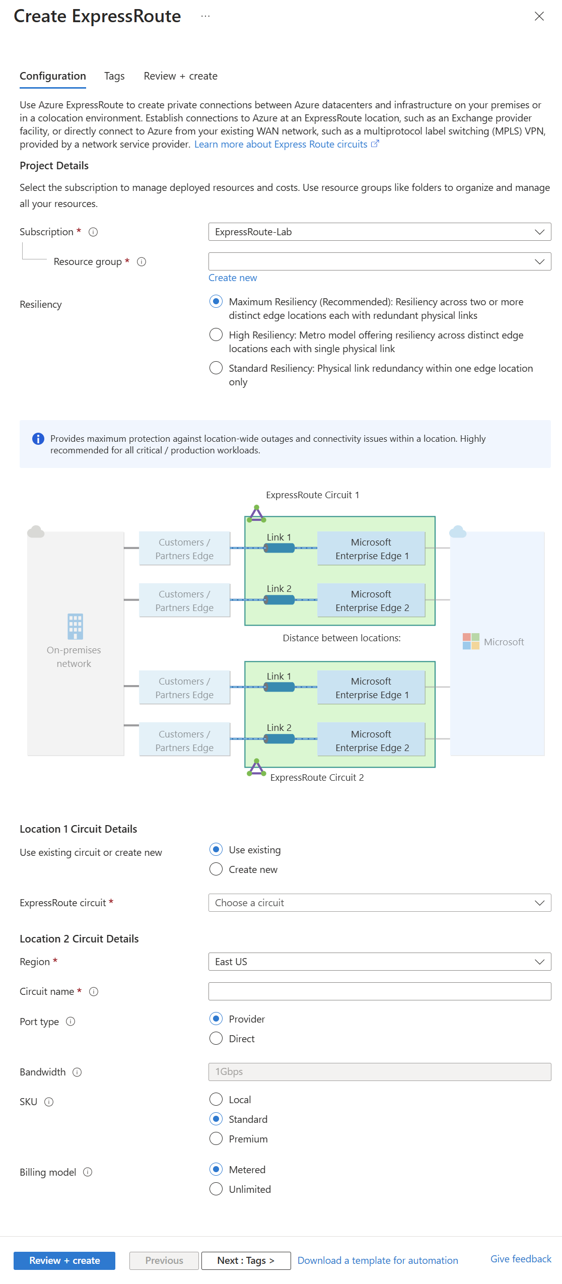 Screenshot of the new ExpressRoute circuit configuration page.