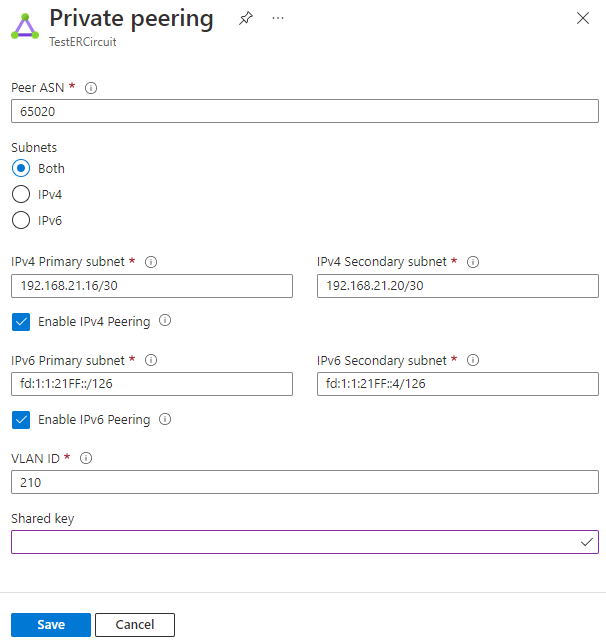 Screenshot showing private peering configuration.