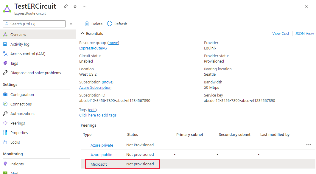 Screenshot showing how to select the Microsoft peering row.