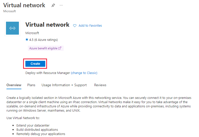 Screenshot of the create a virtual network page.