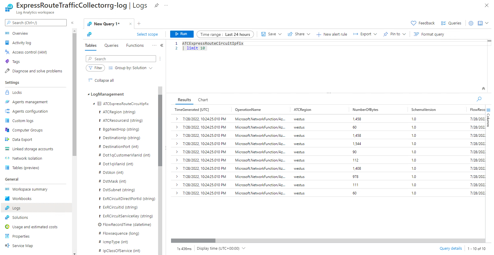 Screenshot of logs in Log Analytics workspace.