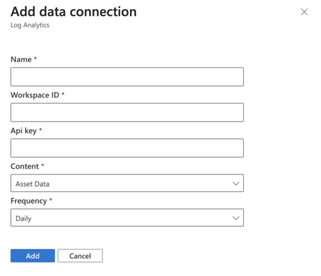 Screenshot that shows the Add data connection screen for Log Analytics.