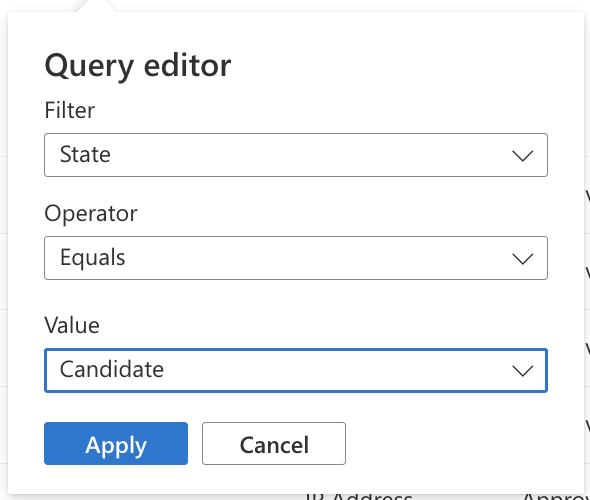 Screenshot that shows the query editor searching for Candidate assets.