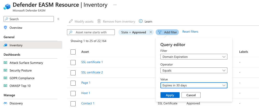 Screenshot that shows the inventory list view with the Add filter dropdown opened to display the query editor.