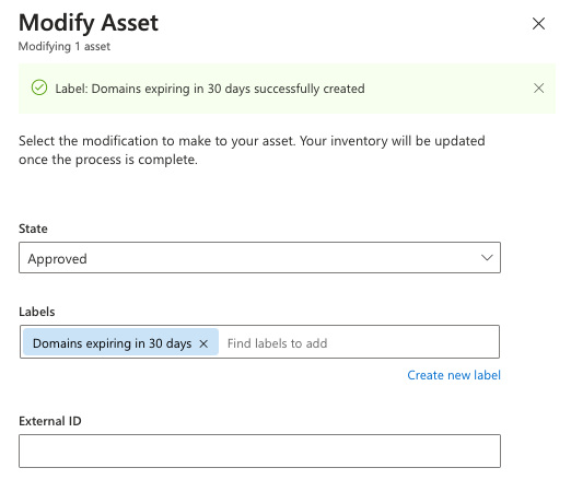 Screenshot that shows the Modify Asset pane with the newly created label applied.
