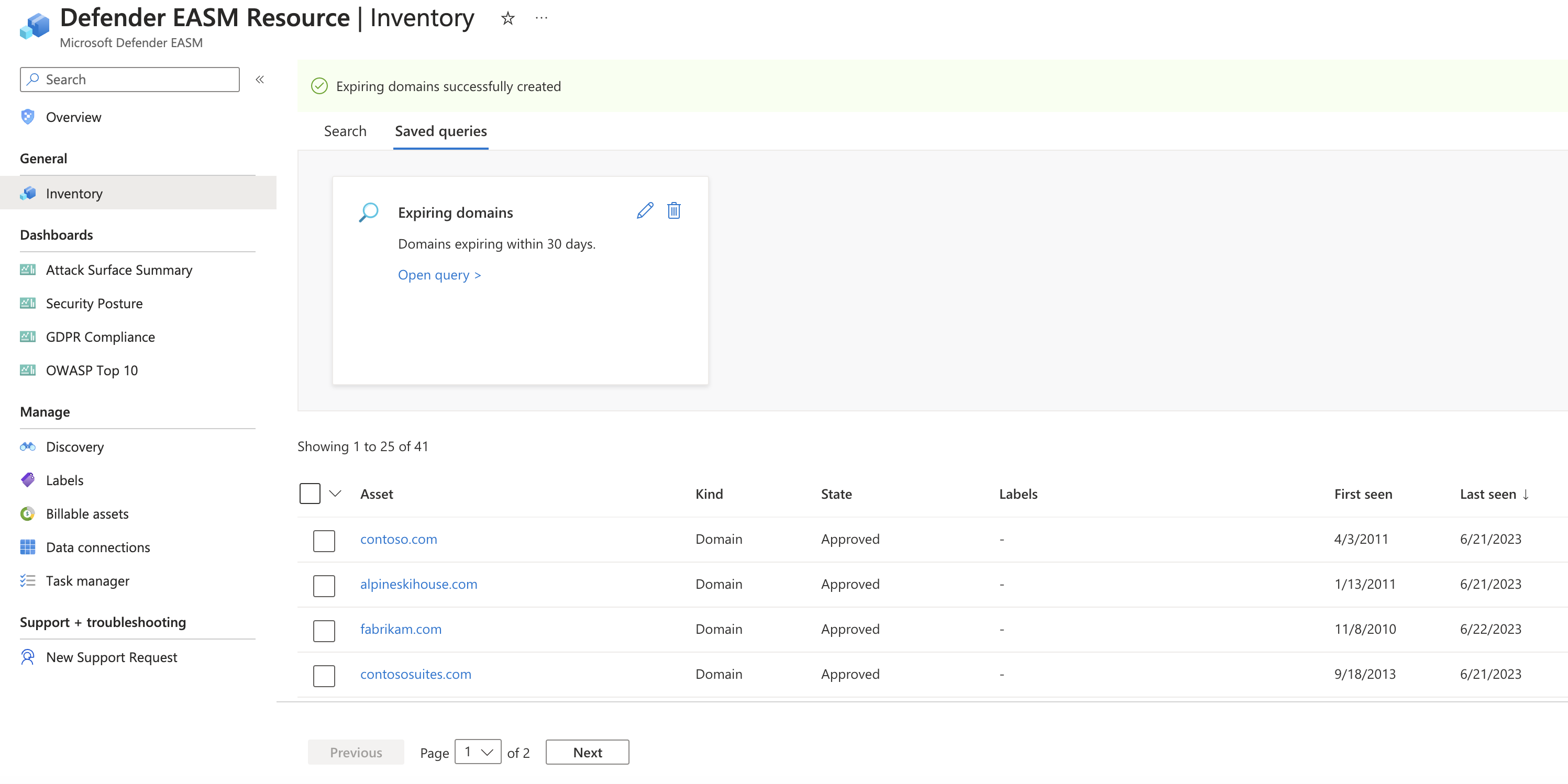 Screenshot that shows the Saved queries tab on the Inventory page.