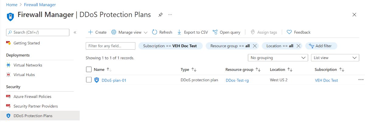 Screenshot of the Firewall Manager DDoS Protection Plans page