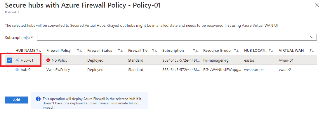 Screenshot of adding Policy and Hub settings.