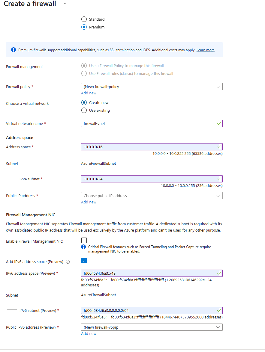 Screenshot of dual stack configuration for a new Azure Firewall in the Azure portal.