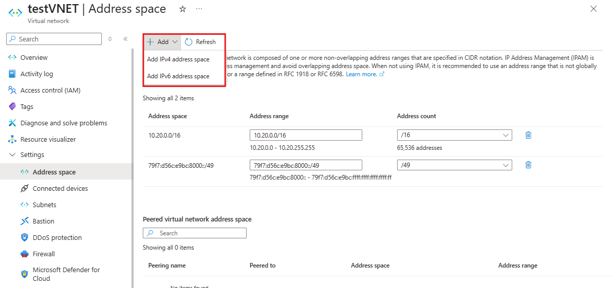 Screenshot of updating VNET configuration with IPv6 address space.