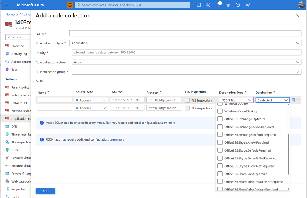 Screenshot showing Office 365 application rule collection.