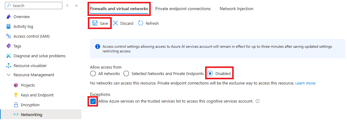 Screenshot of Foundry Tools with public network access disabled.