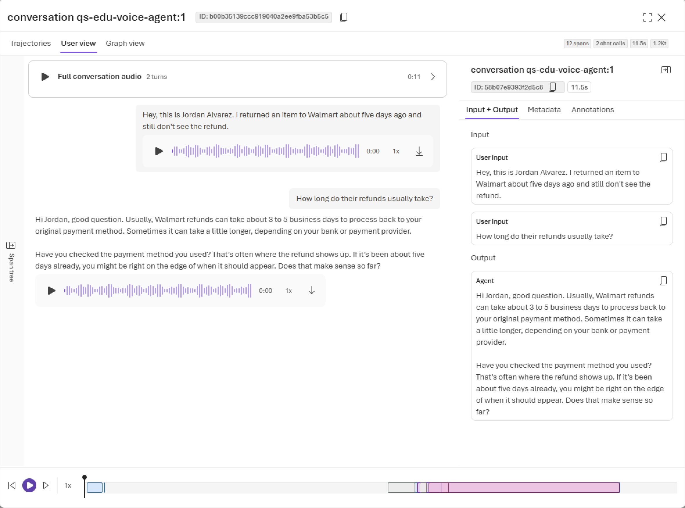 Screenshot of a voice conversation in User view, showing caller and agent transcripts, audio playback controls, and the selected conversation input and output.