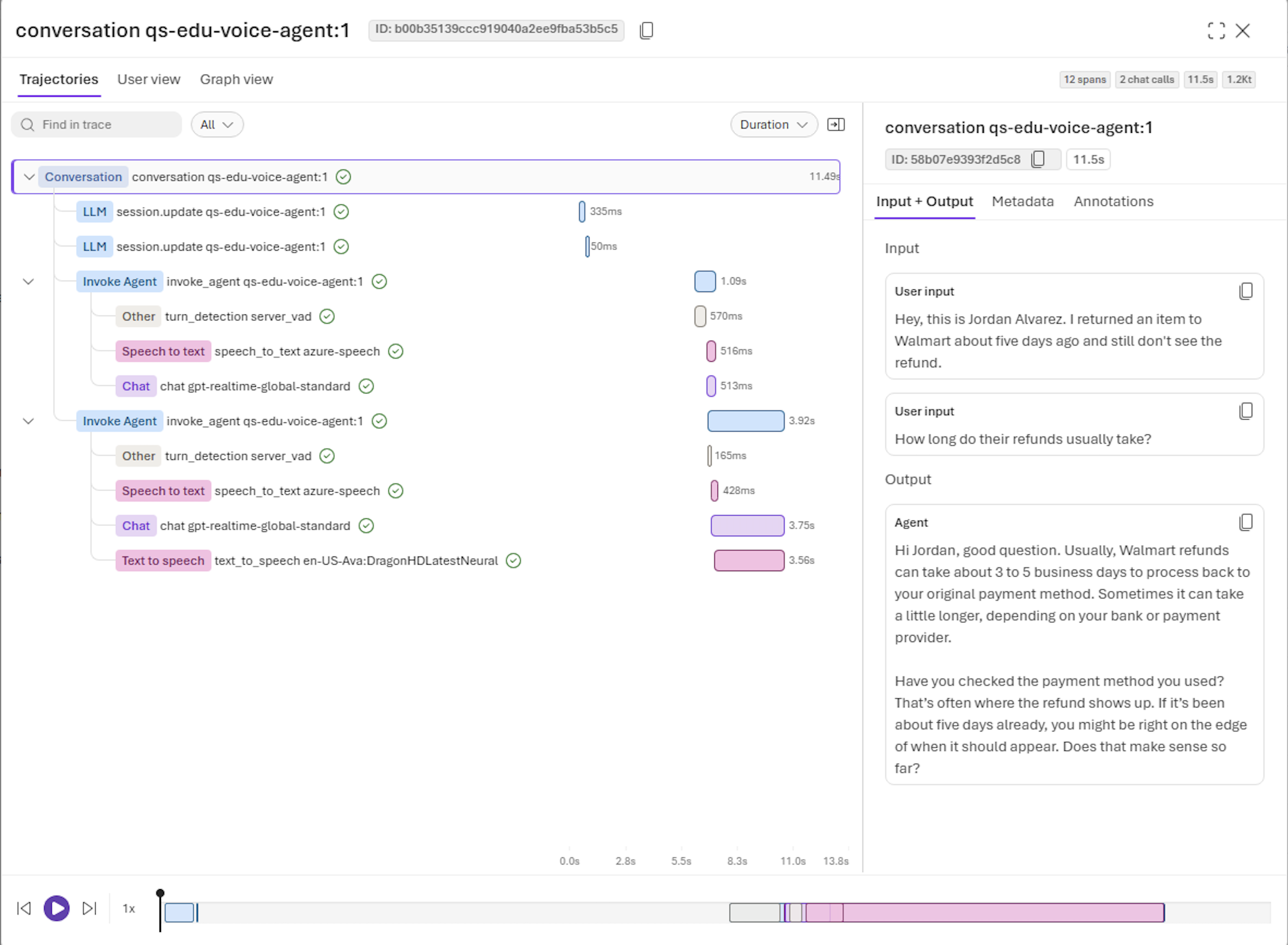 Screenshot of a voice conversation in the Trajectories view, showing two agent turns with voice activity detection, speech-to-text, model, and text-to-speech spans on a waterfall timeline.