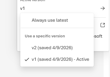 Screenshot of the active version popup showing Always use latest and specific version options.