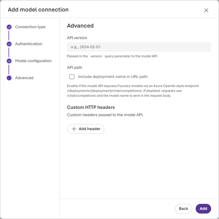Screenshot of the Advanced page in the Add model connection wizard.