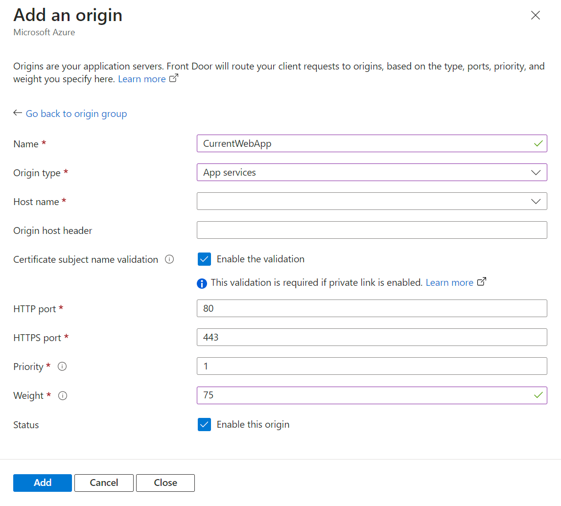 Screenshot of the adding the first origin in an origin group for a new Azure Front Door profile.