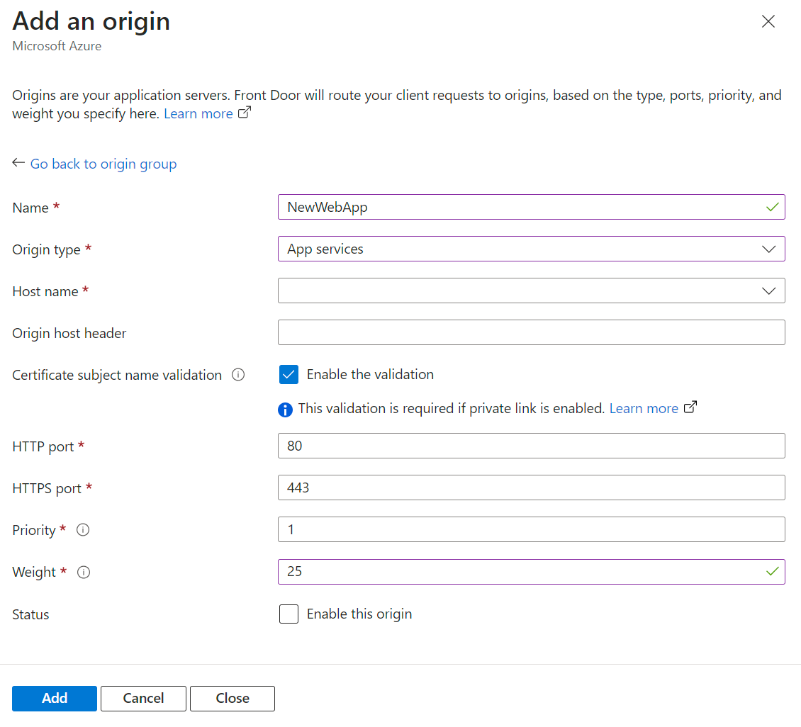 Screenshot of the adding the second origin in an origin group for a new Azure Front Door profile.