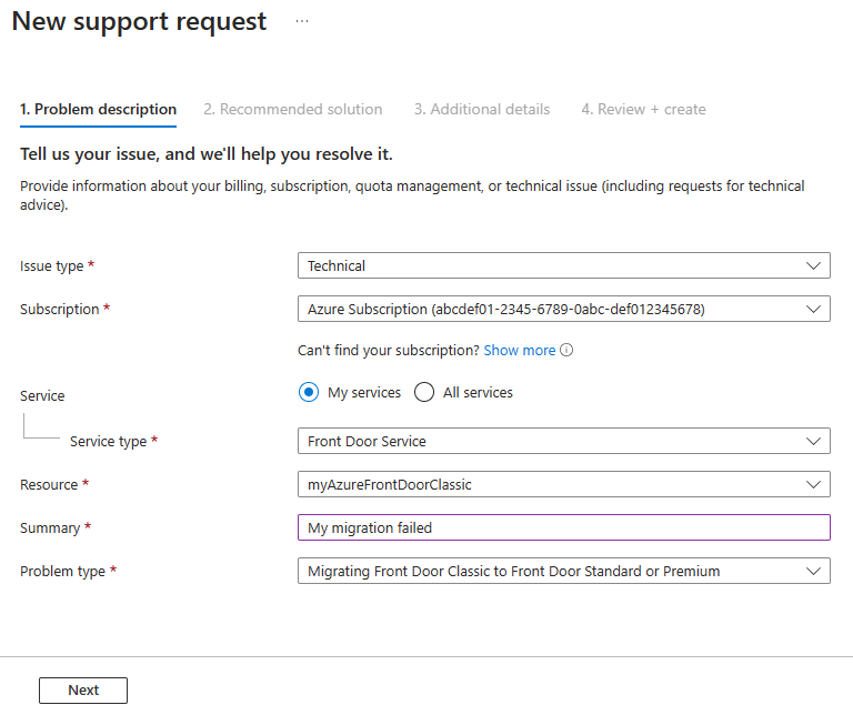 Screenshot of a new support request for Azure Front Door (classic) migration issue.