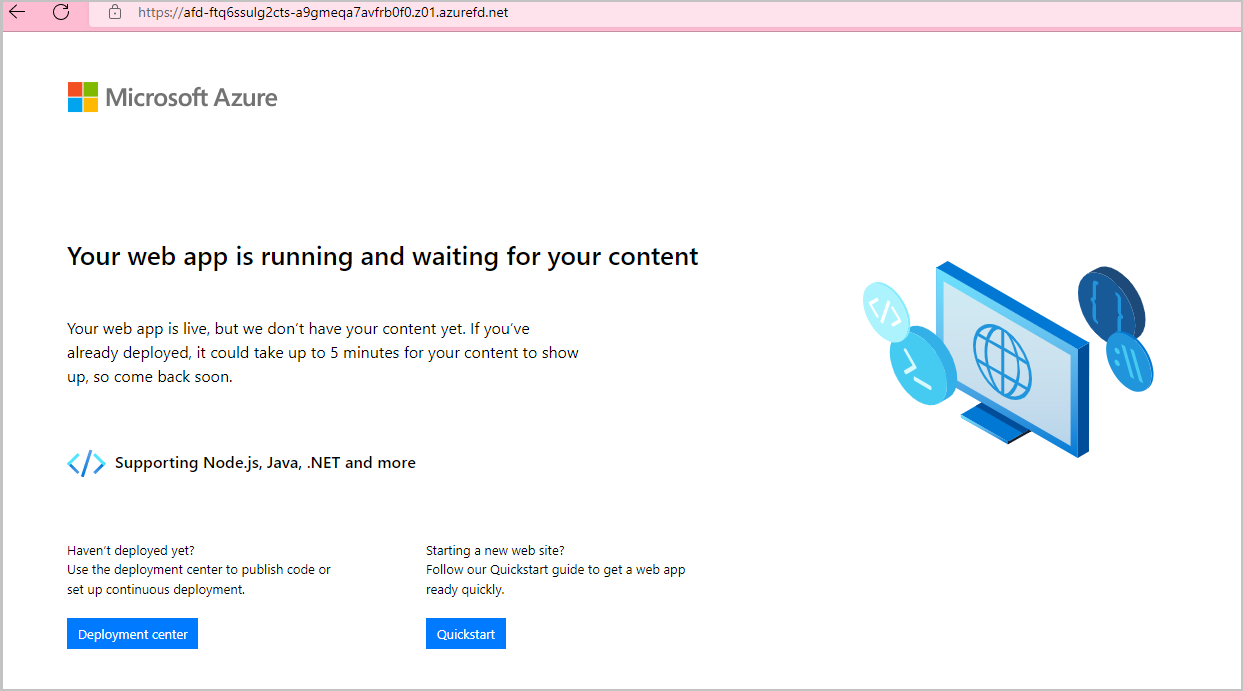 Screenshot of the message: Your web app is running and waiting for your content.