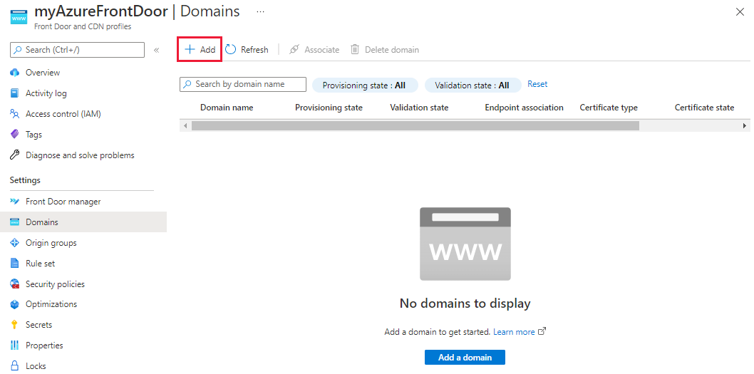 Screenshot of adding a new domain to Front Door profile.
