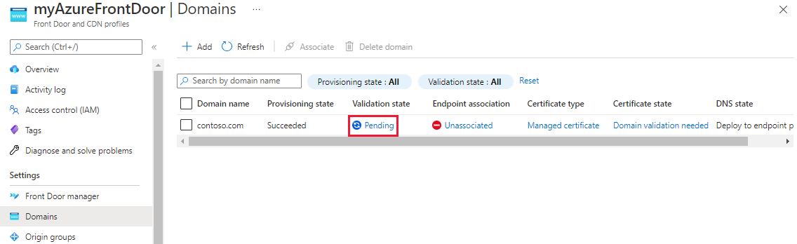 Screenshot of custom domain pending validation.