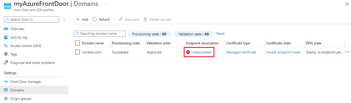 Screenshot of unassociated custom domain to an endpoint.